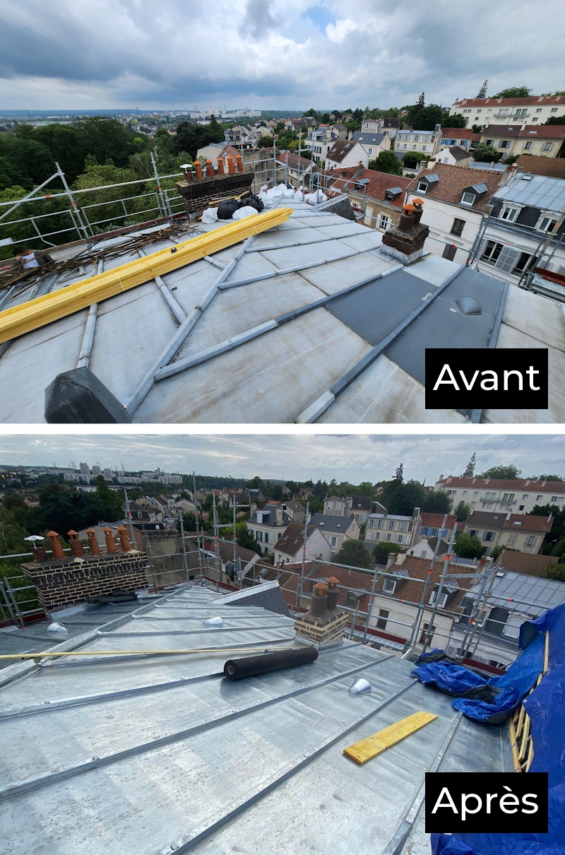 Couvreur à Pontoise (95500) Renovation couverture zinc avant apres