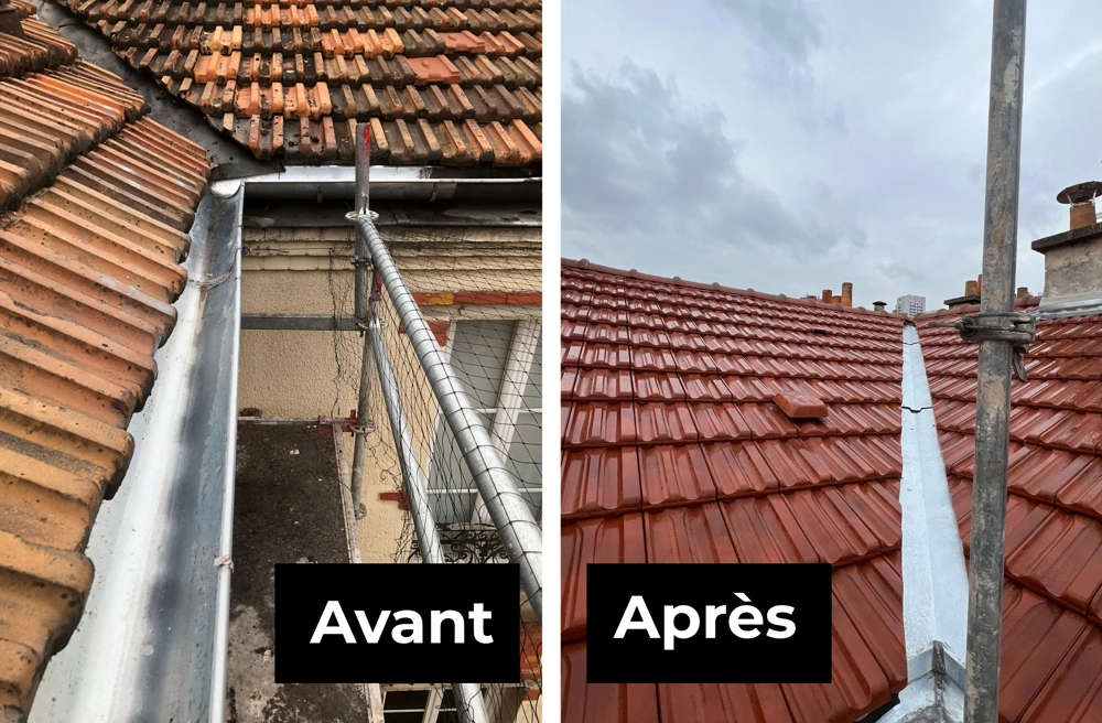 Rénovation de toiture en tuiles avant/après